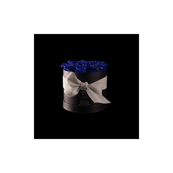 CHRISTMAS FLOWERBOX NERO 12 ROSE CHERIE GLITTER ARGENTO PROFUMATE d.14 cm + PACKAGING - COLORE BLU