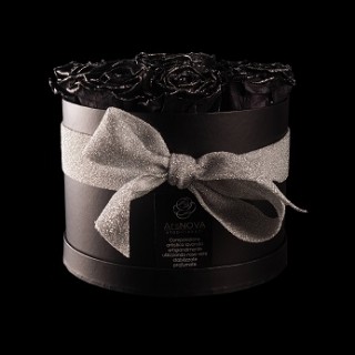 CHRISTMAS FLOWERS BOX NERO 9 ROSE BACCARA GLITTER ARGENTO PROFUMATE d.18 cm + PACKAGING - COLORE NERO