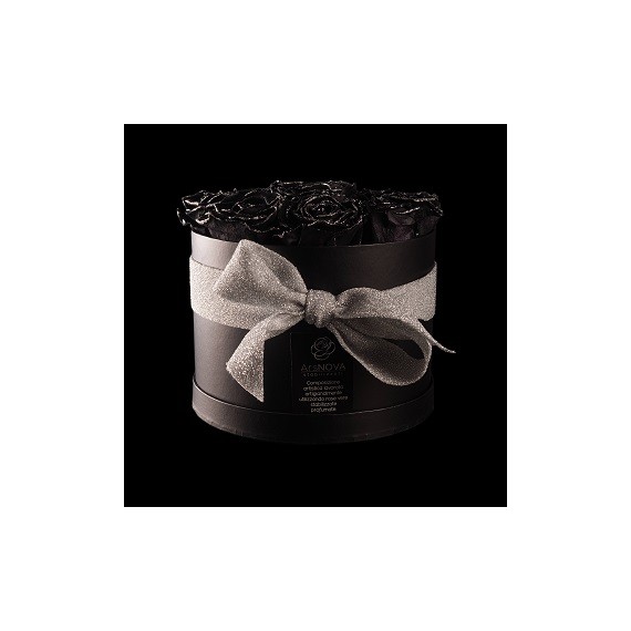 CHRISTMAS FLOWERBOX NERO 9 ROSE BACCARA GLITTER ARGENTO PROFUMATE d.18 cm + PACKAGING - COLORE NERO