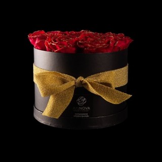 CHRISTMAS FLOWERS BOX NERO 9 ROSE BACCARA GLITTER ORO PROFUMATE d.18 cm + PACKAGING - COLORE ROSSO