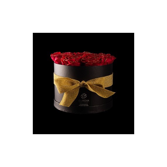 CHRISTMAS FLOWERBOX NERO 9 ROSE BACCARA GLITTER ORO PROFUMATE d.18 cm + PACKAGING - COLORE ROSSO