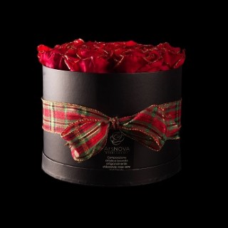 CHRISTMAS FLOWERS BOX NERO 9 ROSE BACCARA GLITTER ORO PROFUMATE d.18 cm + PACKAGING - COLORE ROSSO N.SCOZZESE