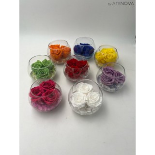 BOCCIA VETRO d.12 cm 3 ROSE BACCARA PROFUMATE + GOCCE - scatola trasparente - MIX ESTATE