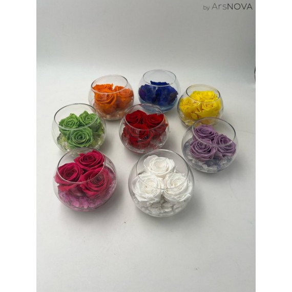 BOCCIA VETRO d.12 cm 3 ROSE BACCARA PROFUMATE + GOCCE - scatola trasparente - MIX ESTATE
