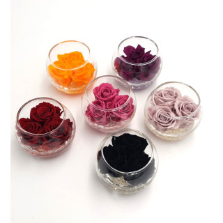 BOCCIA VETRO d.8 cm 3 ROSE JOLIE PROFUMATE + GOCCE - scatola trasparente - MIX INVERNO