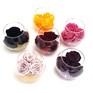 BOCCIA VETRO d.12 cm 3 ROSE BACCARA PROFUMATE + GOCCE - scatola trasparente - MIX INVERNO