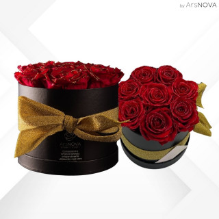 CHRISTMAS FLOWERS BOX NERO 7 ROSE BACCARA GLITTER ORO PROFUMATE d.16 cm + PACKAGING - COLORE ROSSO